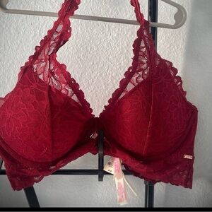 Victoria's Secret PINK  Lace Halter Bra, Deep Red, ruffled Bralette